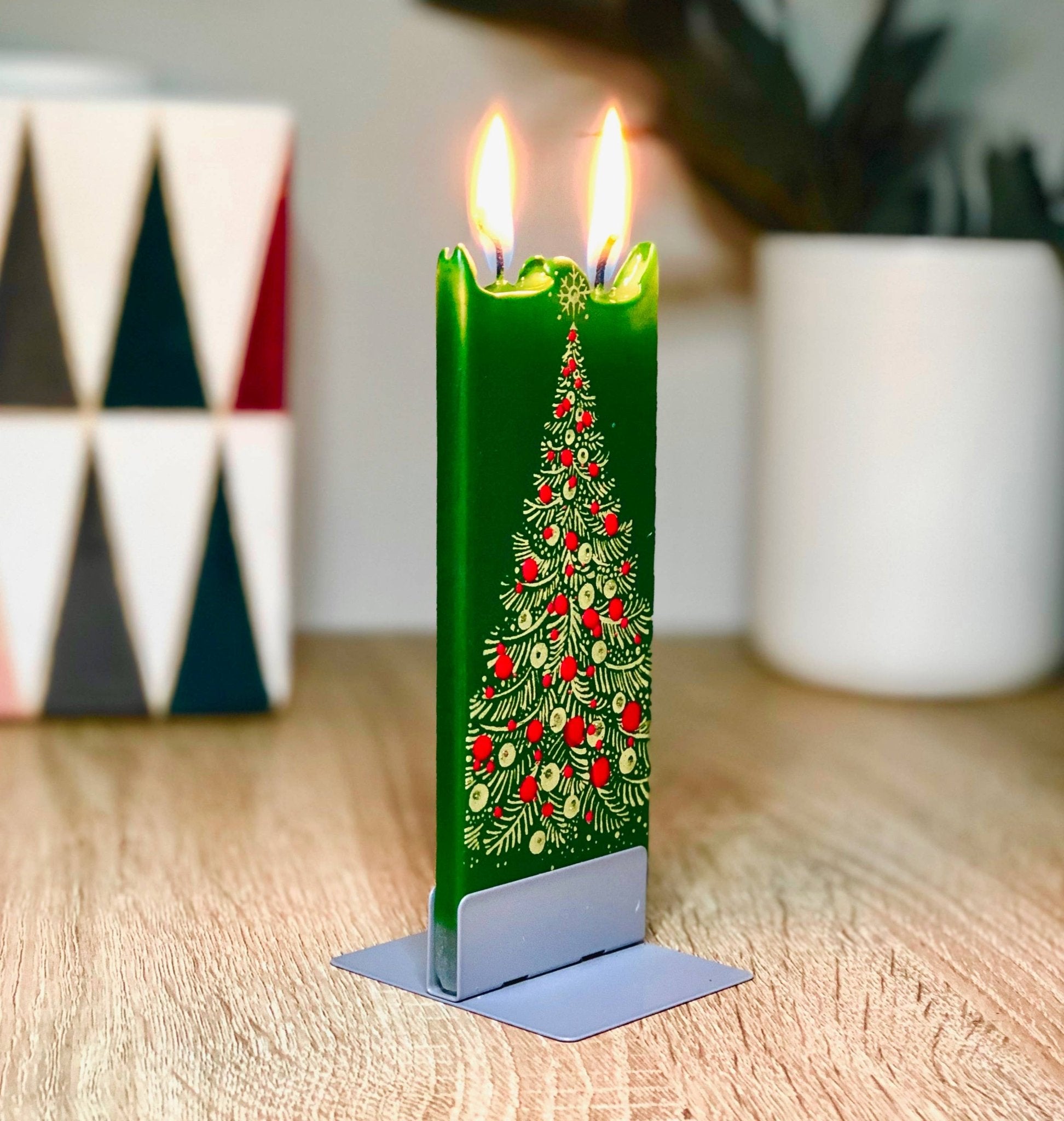 Christmas Time Is Here : Gold Christmas Tree On Green - Hand Painted Flat Candle - The Defined Collective
