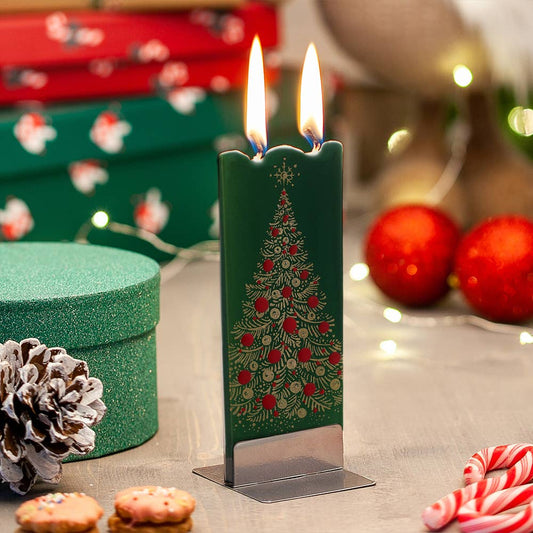 Christmas Time Is Here : Gold Christmas Tree On Green - Hand Painted Flat Candle - The Defined Collective